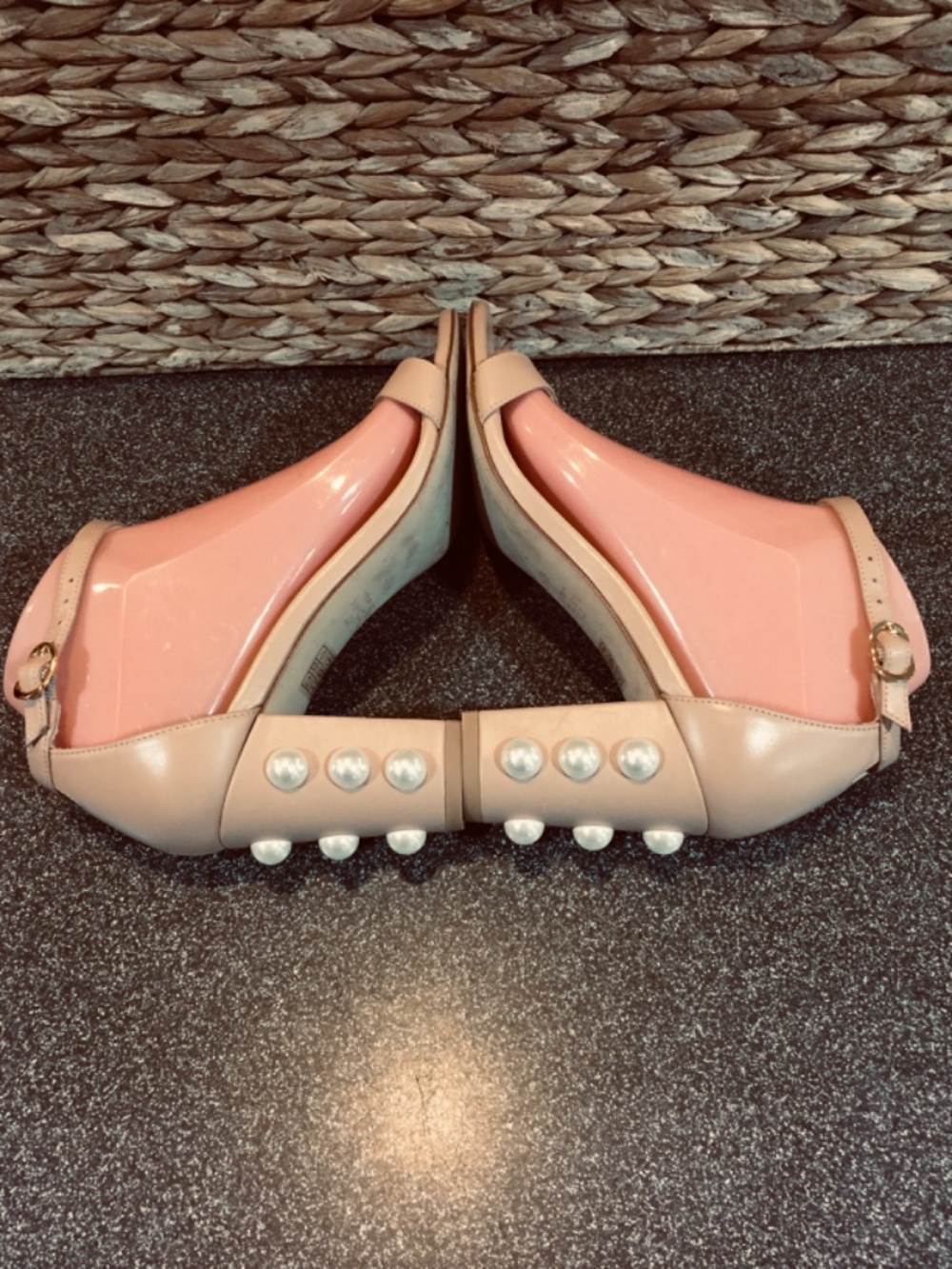 Stuart Weitzman Nude Beige Pearl-Embellished Block Heel Sandals - Picture 11 of 15